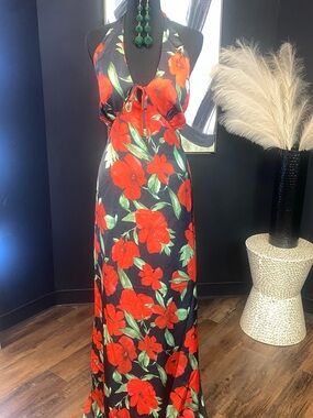Black Floral Halter Maxi Dress with Red Flowers